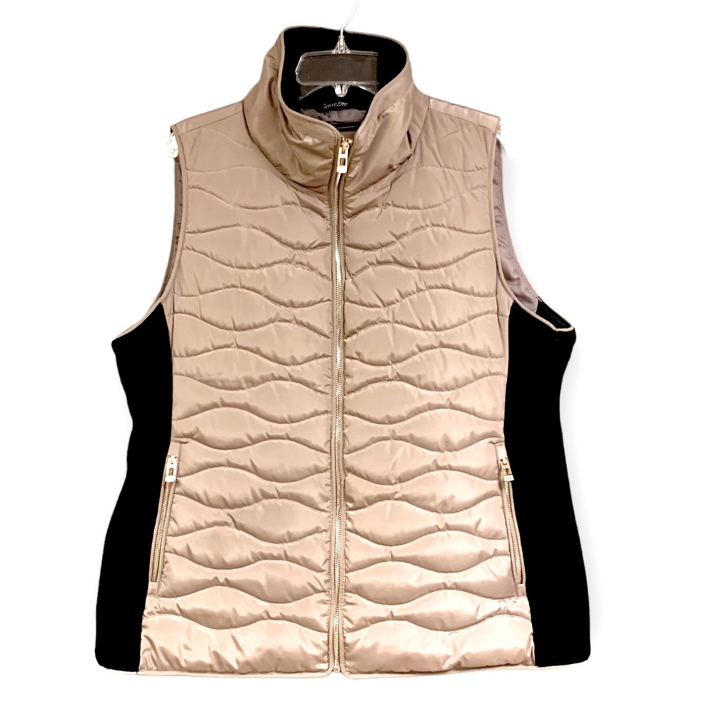 Like New Calvin Klein Performance Puffer Vest Ribbed Knit Side Panels Tan Black